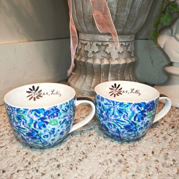 Lilly Pulitzer "Dandy Lion" Green Blue, Lavender Lion Head Floral Coffee Mug Set - Picture 2 of 9